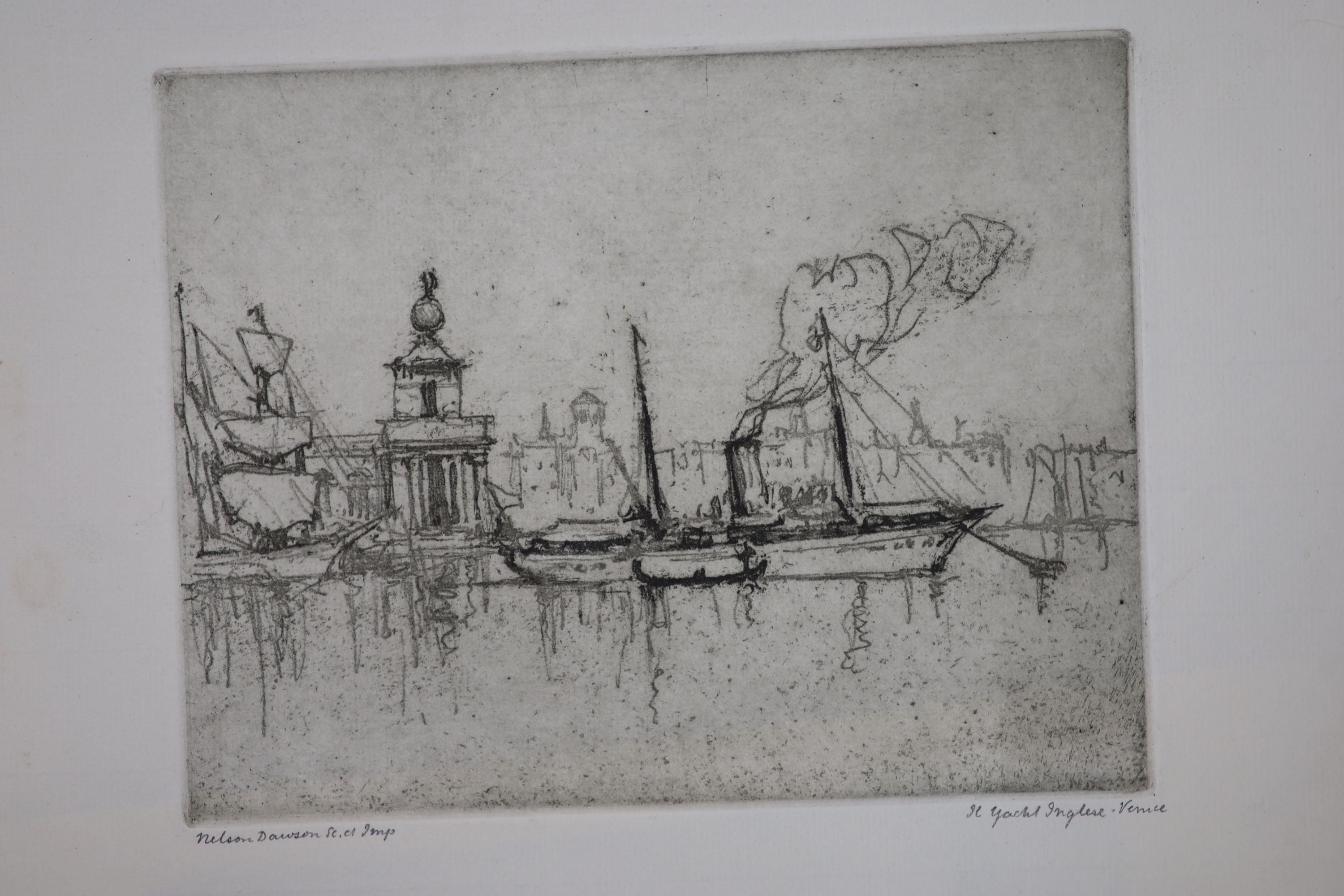 Nelson Dawson (1859-1941), 14 assorted etchings; HMS Indefatigable awaiting the ship breakers, 25 x 34cm.